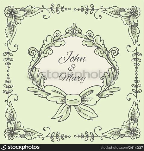 Wedding wreath with calligraphy vignette floral frame greeting postcard sketch vector illustration