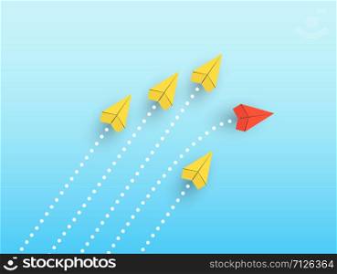 wedge of paper yellow planes flying in one direction, one red paper plane flying in the other direction.