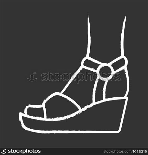 Wedges chalk icon. Woman stylish footwear design. Female casual shoes, summer sandals with platform heel side view. Fashionable and trendy clothing accessory. Isolated vector chalkboard illustration