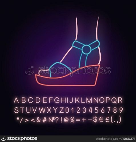 Wedges neon light icon. Woman stylish footwear design. Female casual shoes, summer sandals with platform heel side view. Glowing sign with alphabet, numbers and symbols. Vector isolated illustration