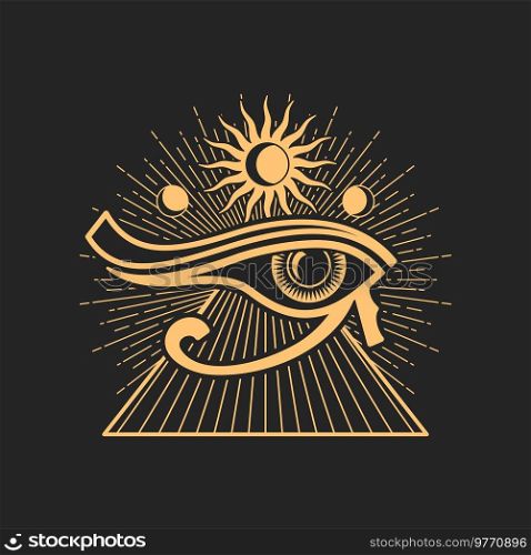 Wedjat, Eye of Horus, ancient Egyptian symbol of protection, royal power and good health. Eye of Ra, vector occult and esoteric magic symbol. Horus eye ancient Egyptian sign, pyramid and sun