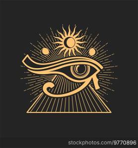 Wedjat, Eye of Horus, ancient Egyptian symbol of protection, royal power and good health. Eye of Ra, vector occult and esoteric magic symbol. Horus eye ancient Egyptian sign, pyramid and sun