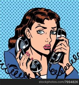 Wednesday girl on two phones running bond Secretary office Manager. The Manager answers the phone load stress