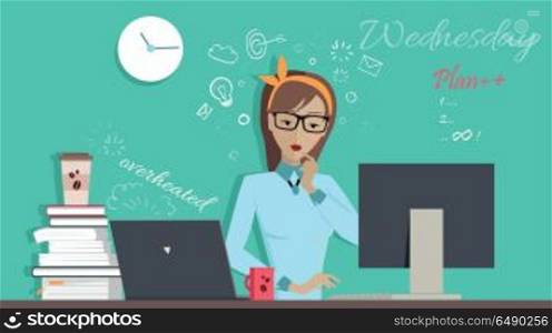 Wednesday Wworking Day. Woman Planning her Work. Wednesday working day. Woman planning her work for a week. Girl writing a plan of her actions for a week. Part of series of daily routine of the week. Working hours, schedule. Vector illustration.