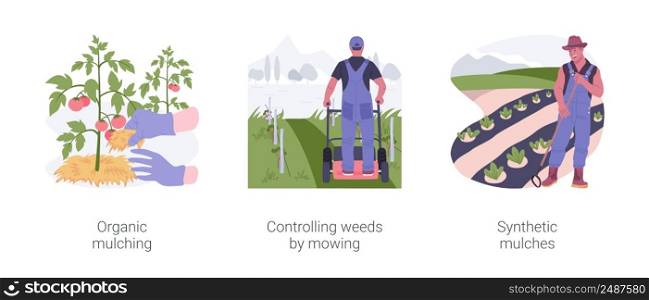 Weed management isolated cartoon vector illustrations set. Organic mulching, controlling weeds by mowing, synthetic mulches in organic farming industry, soil protection vector cartoon.. Weed management isolated cartoon vector illustrations set.