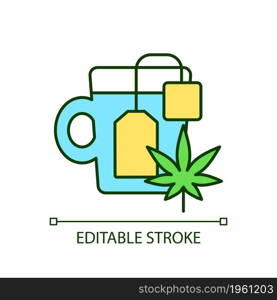 Weed tea RGB color icon. Medical cannabis decoction. Drinking herbal beverage. Depression, pain relief. Healthy drink. Isolated vector illustration. Simple filled line drawing. Editable stroke. Weed tea RGB color icon