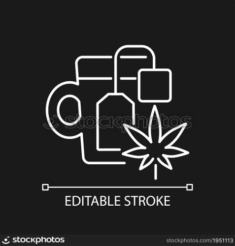 Weed tea white linear icon for dark theme. Medical cannabis decoction. Drinking herbal beverage. Thin line customizable illustration. Isolated vector contour symbol for night mode. Editable stroke. Weed tea white linear icon for dark theme