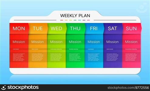 Week timeline planner schedule, diary calendar or day timetable, vector business events template. Week planner timeline for education calendar, office work management schedule and mission task plan. Week timeline planner schedule, calendar timetable