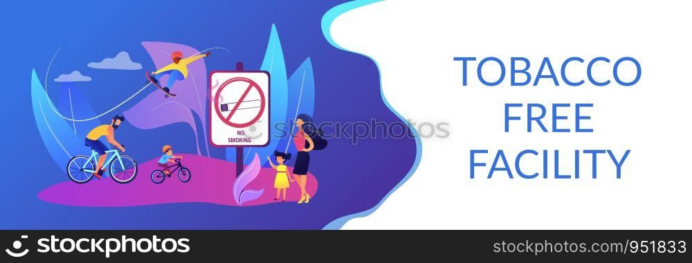 Weekend activities in park. Father riding bicycles with son. Active, healthy hobby. Smoke-free zone, no smoking area, tobacco free facility concept. Header or footer banner template with copy space.. Smoke free zone concept banner header
