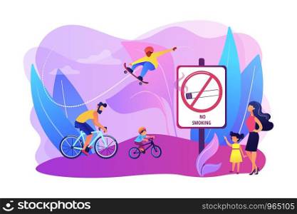 Weekend activities in park. Father riding bicycles with son. Active, healthy hobby. Smoke-free zone, no smoking area, tobacco free facility concept. Bright vibrant violet vector isolated illustration. Smoke free zone concept vector illustration
