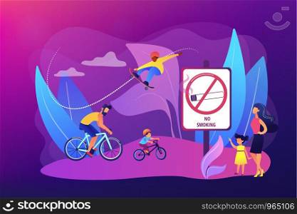 Weekend activities in park. Father riding bicycles with son. Active, healthy hobby. Smoke-free zone, no smoking area, tobacco free facility concept. Bright vibrant violet vector isolated illustration. Smoke free zone concept vector illustration