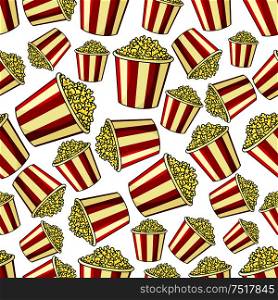 Weekend cinema and entertainment background with cartoon popcorn seamless pattern of traditional takeaway buckets with red and white stripes filled by sweet caramel popcorn. Sweet popcorn seamless pattern background