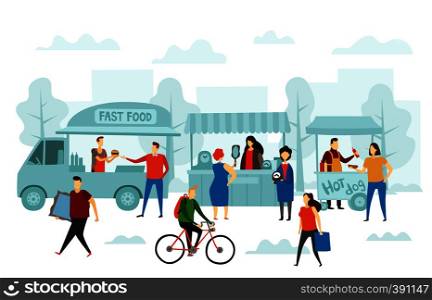 Weekend fair market. Street shop, food truck and flea markets. Furniture and exotic clothes shopping mall, second hand marketing vector illustration. Weekend fair market. Street shop, food truck and flea markets vector illustration