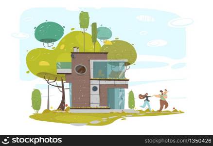 Weekend Family Leisure and Outdoor Activity. Parents and Child Having Good Time Together at Summer Day Walking near Modern Home. Little Boy Sitting on Dad Shoulder. Cartoon Flat Vector Illustration. Parents and Child Having Good Time Together at Summer