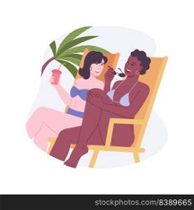 Weekend mood isolated cartoon vector illustrations. Group of smiling girls sunbathe and drink cocktails on the beach, summer weekend, relaxation mood, have fun with friends vector cartoon.. Weekend mood isolated cartoon vector illustrations.