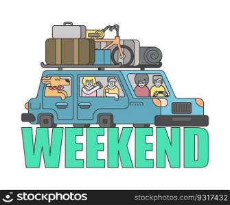 weekend outline style. Car Family go to c&ing line style. Things to relax. Bicycles and suitcases. Dog from window. Children and parents go in auto. Family holiday
