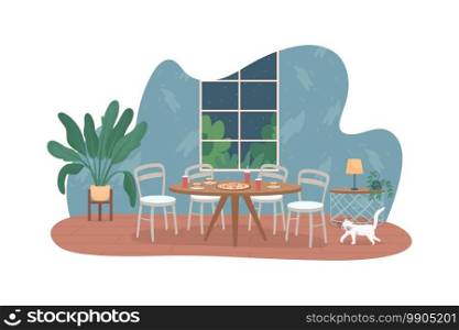 Weekend pizza night 2D vector web banner, poster. Fast food on table for student party. Modern living room flat scene on cartoon background. Home interior printable patch, colorful web element. Weekend pizza night 2D vector web banner, poster