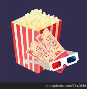 Weekend relaxation and entertainment vector, cinema tickets to watch movies, popcorn snack in package, meal and 3d glasses made of paper for effect. Cinema Tickets for Two, Popcorn Package Glasses