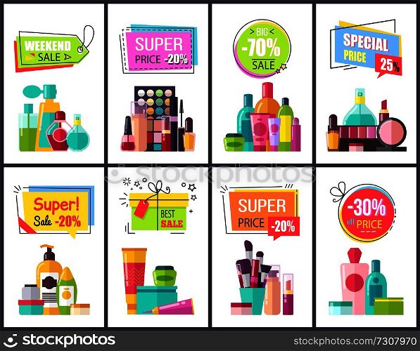 Weekend sale for perfumes and cosmetics promotional posters. Special price for beauty means advertisement banners cartoon flat vector illustrations.. Weekend Sale for Perfumes and Cosmetics Posters