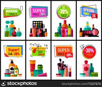 Weekend sale for perfumes and cosmetics promotional posters. Special price for beauty means advertisement banners cartoon flat vector illustrations.. Weekend Sale for Perfumes and Cosmetics Posters