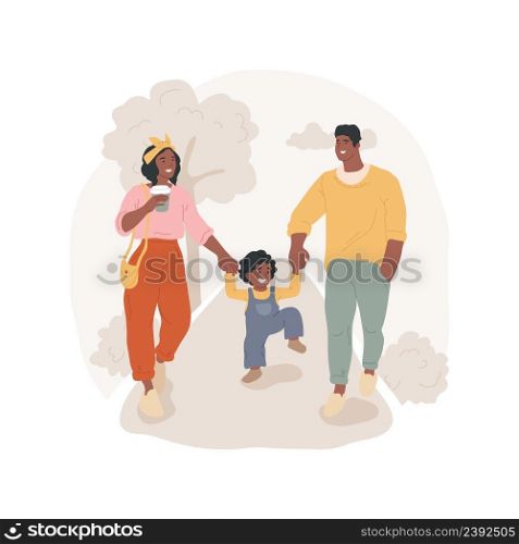 Weekend with kids isolated cartoon vector illustration. Family walking in the park, parents hold child hands, lifting him up, spending weekend with kids, leisure time outdoors vector cartoon.. Weekend with kids isolated cartoon vector illustration.