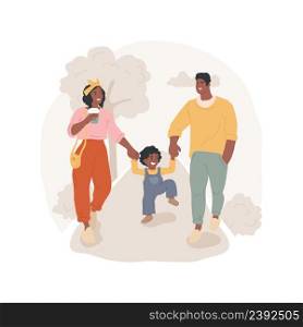Weekend with kids isolated cartoon vector illustration. Family walking in the park, parents hold child hands, lifting him up, spending weekend with kids, leisure time outdoors vector cartoon.. Weekend with kids isolated cartoon vector illustration.