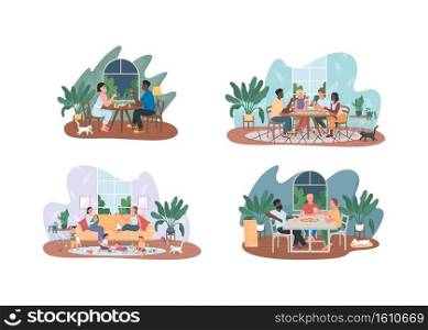 Weekends entertainment at home 2D vector web banner, poster set. Friends, couple flat characters on cartoon background. Spending time together printable patch, colorful web element collection. Weekends entertainment at home 2D vector web banner, poster set