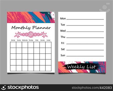 Weekly list and monthly planner template card design. Vector illustration. Weekly list and monthly planner template design