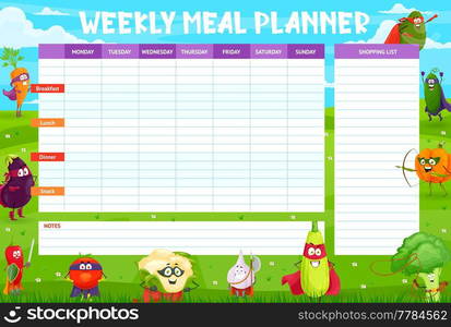 Cartoon raw vegetables characters on yoga, weekly meal planner schedule ...