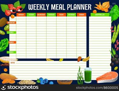 Weekly meal planner, superfoods nutrition food plan schedule, vector eating organizer. Weekly meal and diet menu plan with week shopping list for salmon, spirulina and chia with nuts or blueberry. Weekly meal planner, superfood nutrition food plan