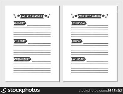 Weekly Plan≠r. Vector Template for A≥nda, Plan≠r and Other Statio≠ry. Pr∫ab≤Organizer for Study, School or Work. Objects Isolated on White Background.. Weekly Plan≠r. Vector Template