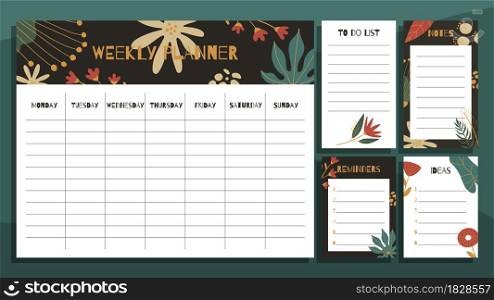 Weekly planner and paper notes print concept templates set. With hand drawn exotic floral leaves pattern. Vector