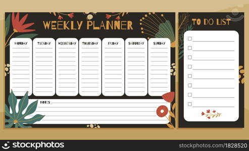 Weekly planner and to do list print concept templates. With hand drawn exotic floral leaves pattern. Vector