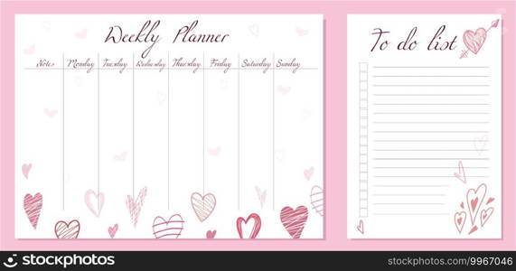 Weekly planner and to do list template. Romantic letterhead with hearts. A holiday gift for Valentines Day. Vector set of to do and documentation planner for print. Doodle scribble hearts. Weekly planner and to do list template. Romantic letterhead with hearts. A holiday gift for Valentines Day. Vector set of to do and documentation planner for print
