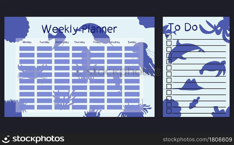 Weekly planner and To do list template with sea animals silhouette. Schedule design for kids. Underwater background. Monday to sunday week.. Weekly planner and To do list template with sea animals silhouette. Schedule design for kids. Underwater background.
