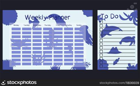 Weekly planner and To do list template with sea animals silhouette. Schedule design for kids. Underwater background. Monday to sunday week.. Weekly planner and To do list template with sea animals silhouette. Schedule design for kids. Underwater background.