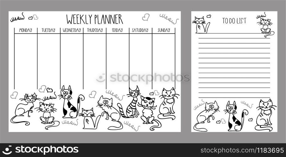 Weekly planner and to do list with cute cats,adorable pets,vector illustration. Weekly planner and to do list with cute cats