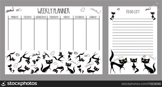 Weekly planner and to do list with cute cats,adorable pets,vector illustration. Weekly planner and to do list with cute cats