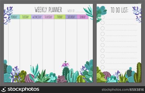 Weekly planner page realistic template design with to do list and succulent plants bottom border vector illustration . Weekly Planner Design