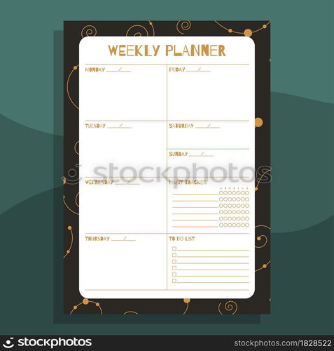 Weekly planner print concept template. With hand drawn exotic floral leaves pattern. Vector