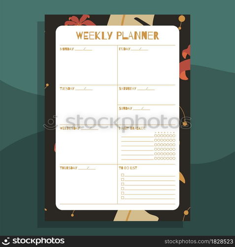 Weekly planner print concept template. With hand drawn exotic floral leaves pattern. Vector