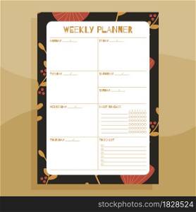 Weekly planner print concept template. With hand drawn exotic floral leaves pattern. Vector
