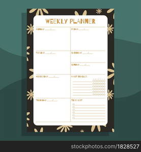 Weekly planner print concept template. With hand drawn exotic floral leaves pattern. Vector