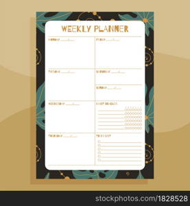 Weekly planner print concept template. With hand drawn exotic floral leaves pattern. Vector