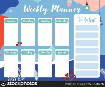 Weekly planner start on Sunday with winter and flower,to do list that use for vertical digital and printable A4 A5 size