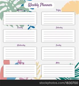 Weekly Planner template vector. Palms floral decoration background. Business notebook management, organizer. Isolated illustration. Weekly Planner template vector. Palms floral decoration background. Business notebook management, organizer