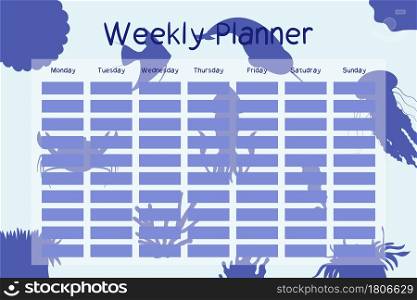 Weekly planner template with sea animals silhouette. Schedule design for kids. Underwater background. Monday to sunday week.. Weekly planner template with sea animals silhouette. Schedule design for kids. Underwater background.