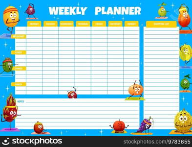 Weekly planner with cartoon fruits on yoga fitness. Diet menu week calendar, meals cooking daily schedule with melon, kiwi, lychee and nectarine, grape, durian, carambola funny characters on fitness. Weekly planner with cartoon fruits on yoga fitness