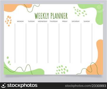 Weekly planner worksheet design template. Blank printable goal setting sheet. Time management sample. Scheduling page for organizing personal tasks. Amatic SC Bold, Oxygen Regular fonts used. Weekly planner worksheet design template