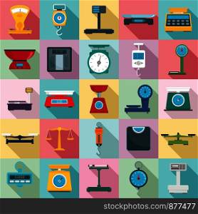Weigh scales icons set. Flat set of weigh scales vector icons for web design. Weigh scales icons set, flat style
